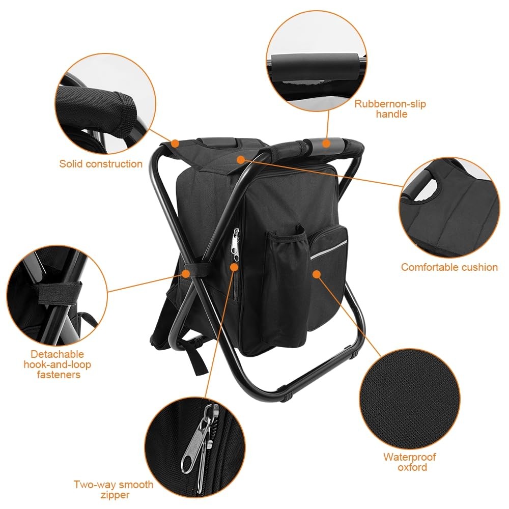 Portable Folding Backpack Stool with Cooler Compartment, Black