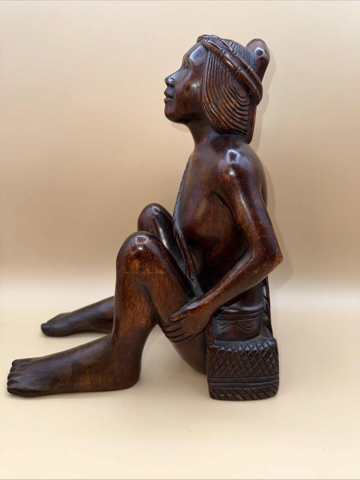 RARE!! VTG AFRICAN MAKONDE MAASAI HAND-CARVED EBONY WOOD SEATED WOMAN SCULPTURE