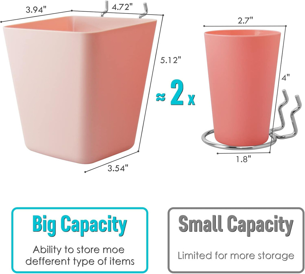 Large Pegboard Cups Peg Board Storage Bin 6 Pack with Hooks, Square Box Shape Pe