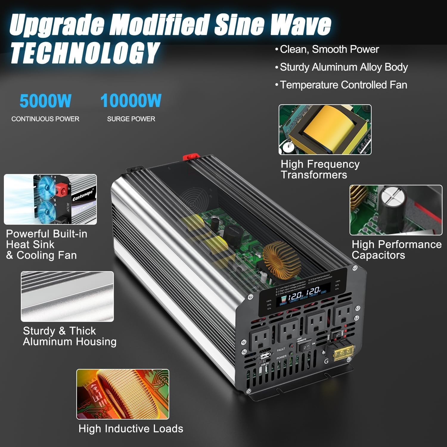 Used Cantonape 5000W Power Inverter 12V to 110V/120V DC toAC with LCD Display