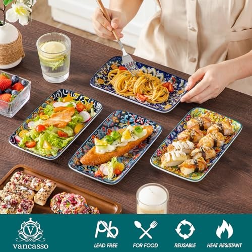 Simi 6-Piece Ceramic Salad Plates Set - Rectangular Dessert Plates 8.5 Inch