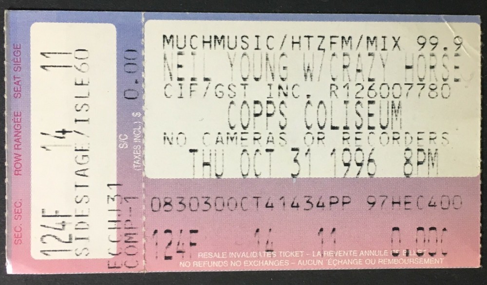 1996 Neil Young + Crazy Horse Concert Ticket Copps Coliseum Vintage Music