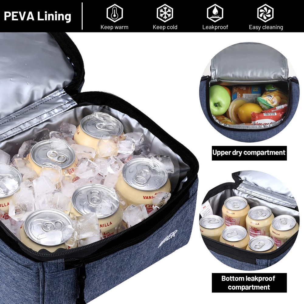 Medium 2-Compartment Insulated Lunch Bag Leakproof Cooler Bluesteel