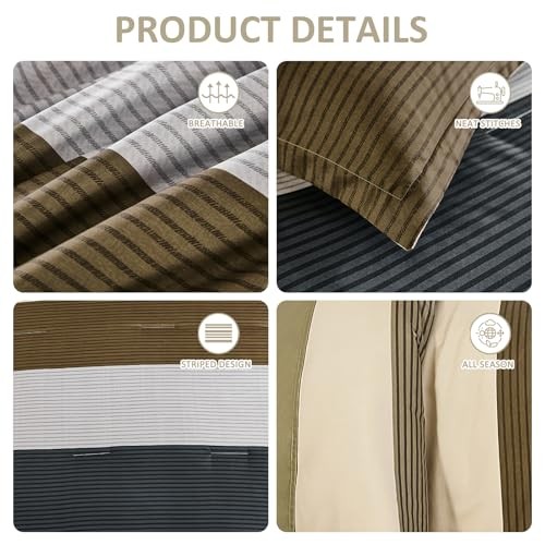 7 Pieces Striped Size Comforter Set, Soft Microfiber Down King Brown-beige
