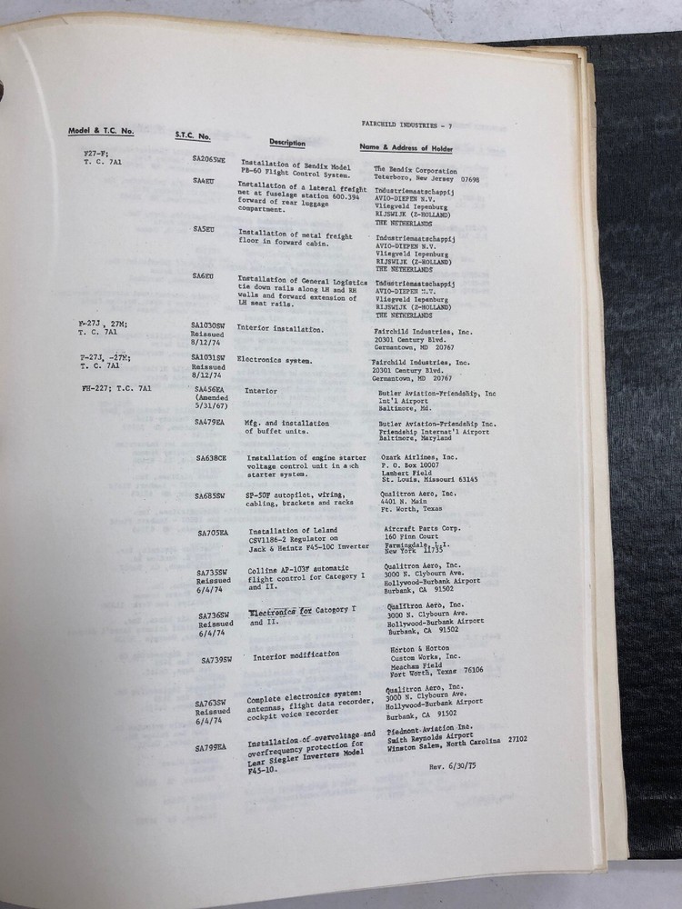 FAA Summary Of Supplemental Type Certificates 1971 Original