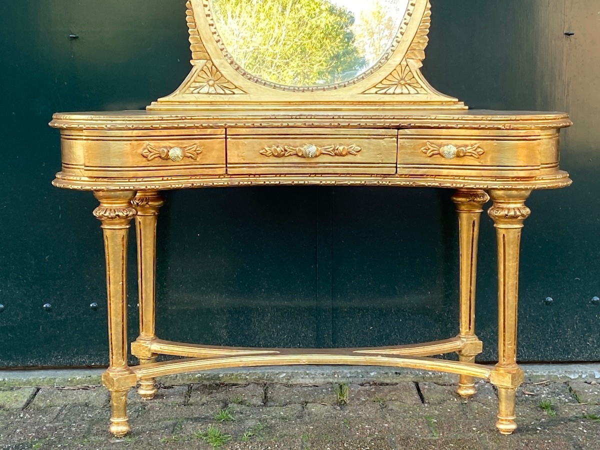 Vanity table with mirror French Louis XVI 1940s Gilt Beech Dressing Set