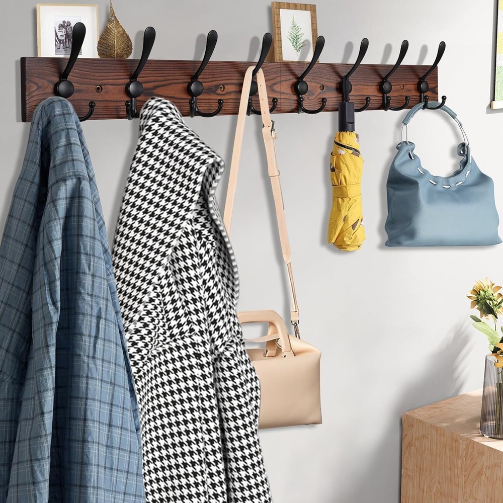 Chic Wall-Mount Coat Rack 32.2'' with 8 Functional Triple Hooks in Rustic Style