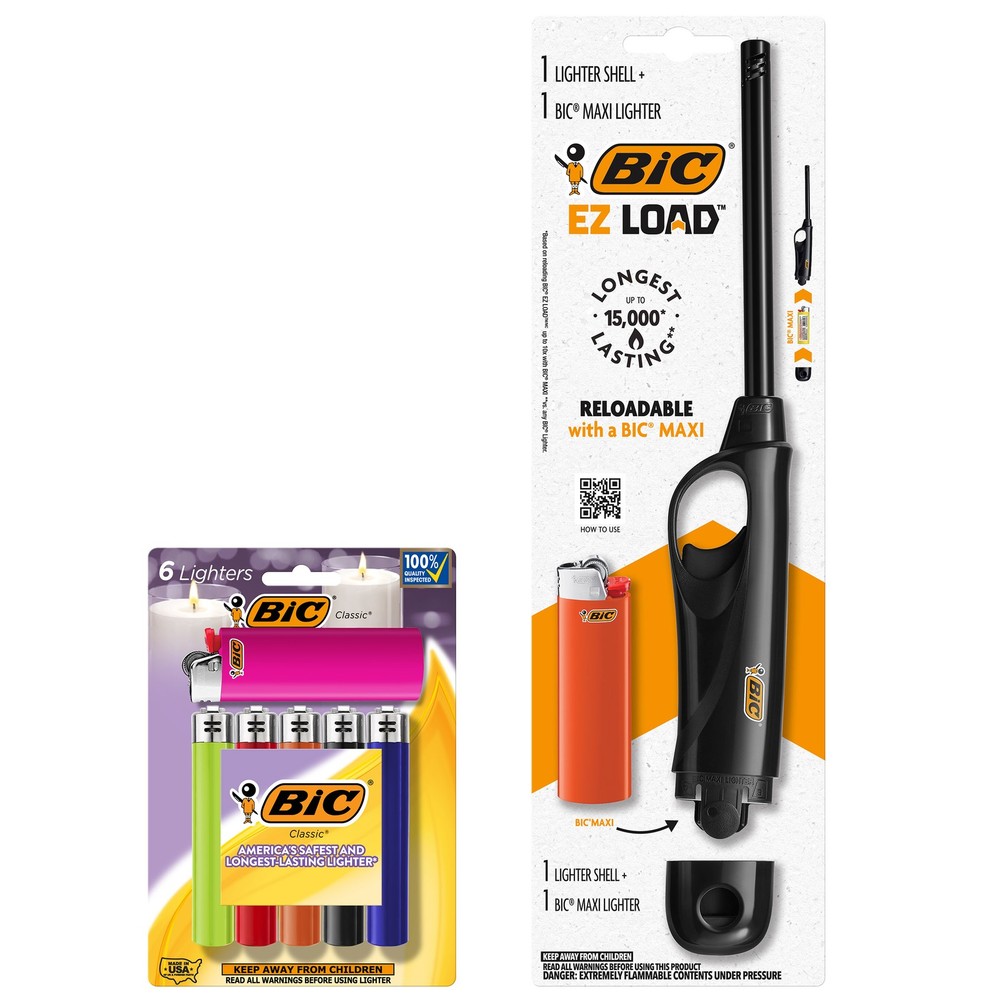 BIC EZ LOAD Lighters, 1 BIC EZ LOAD Lighter Shell ,7 BIC Maxi Pocket Lighters