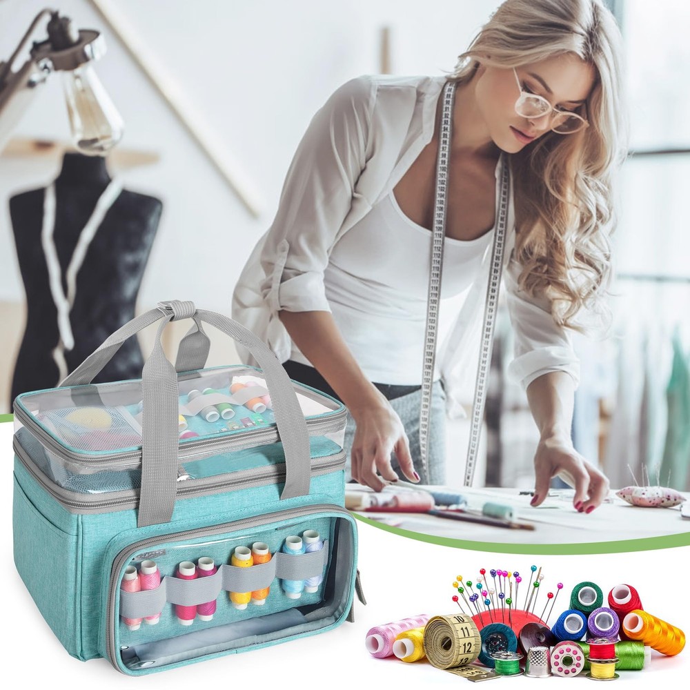 Double Layer Sewing Storage Organizer Transparent Compartment Bag Only Blue