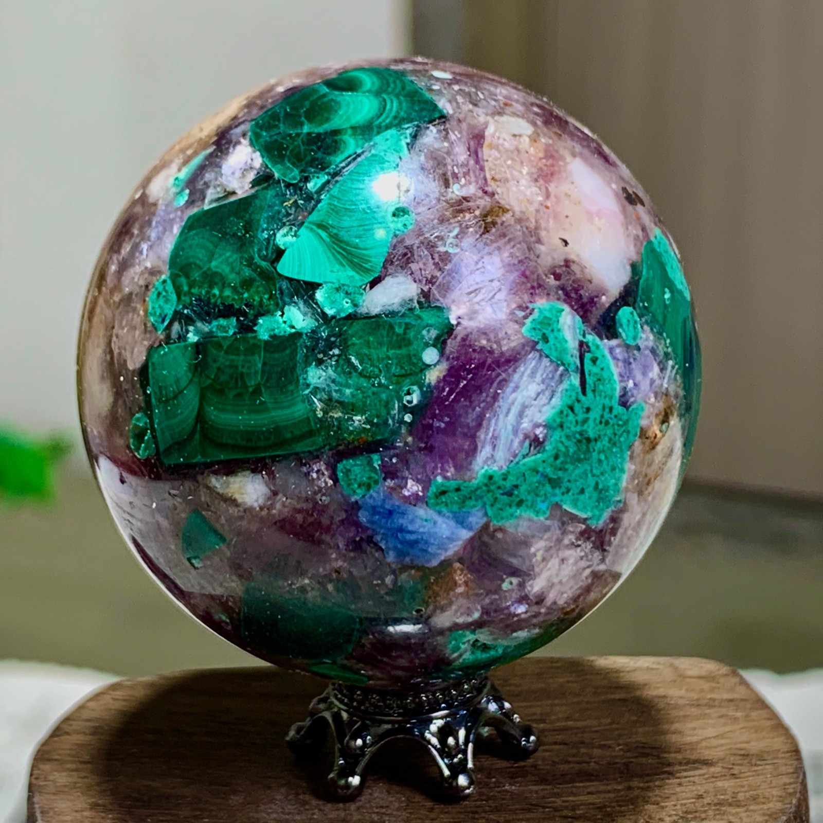 116G Newly discovered rare malachite purple mica symbiotic sphere restoration