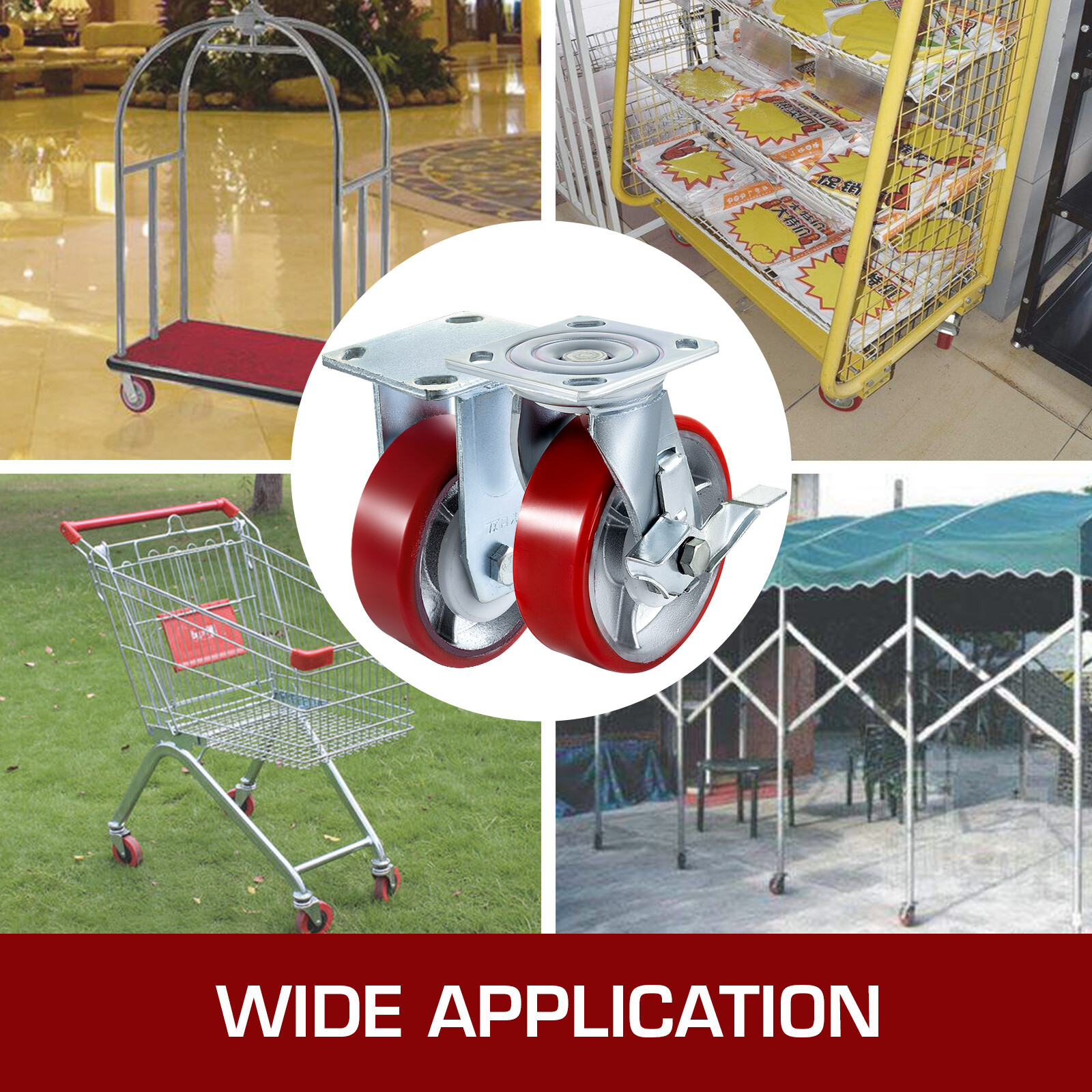 4 Pack Heavy Duty Caster Set 6" Polyurethane on Cast Iron Wheels No Mark Red