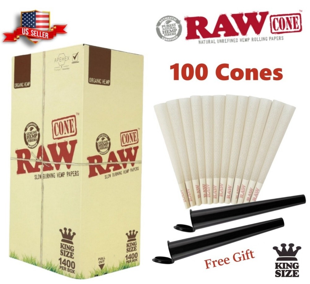Authentic RAW Organic King Size Pre-Rolled Cones 100 Pack & 2 Tubes US