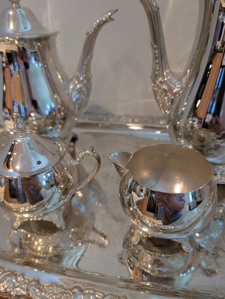 ELEGANCE IN SILVER 4-pc TEA and COFFEE SERVING SET plus SERVING TRAY!