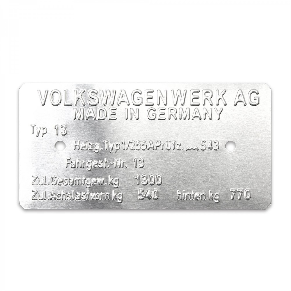 Volkswagen Super Beetle Type 13 Made in Germany Data Data Information Plate
