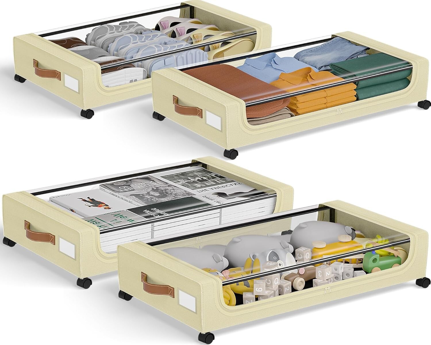 XXXL Under Bed Storage | 4-Pack Rolling Bins with Clear Lids for Clothes Toys