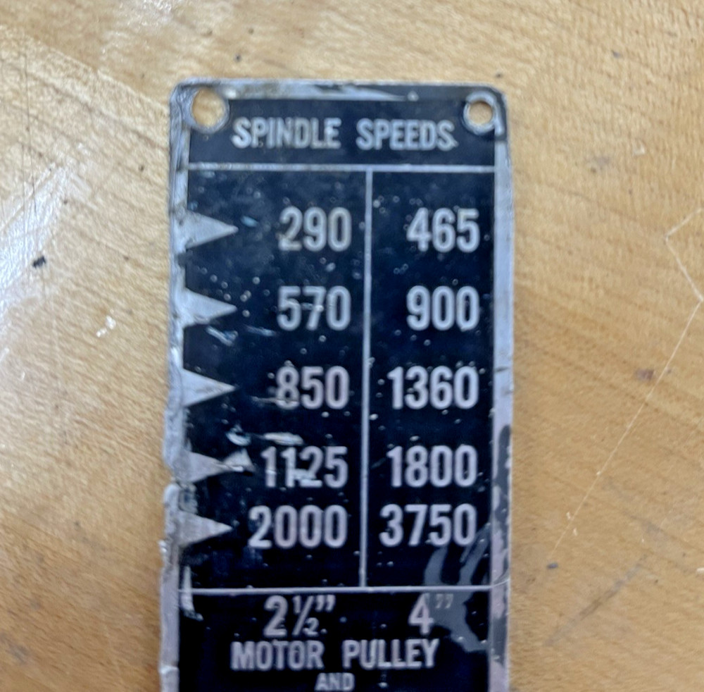 Walker Turner L1152 Wood Lathe Variable Speed Indicator Tag