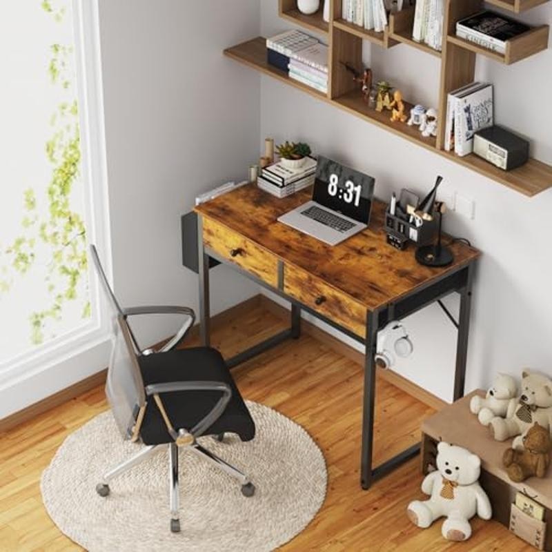 Rustic Brown Computer Desk W/ 2 Drawers & Storage Bag Study Writing Table New