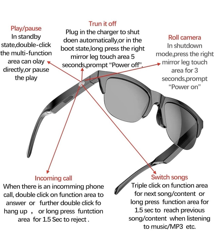 2 Pack Bluetooth Smart Glasses Open Ear Audio Sunglasses Wireless Headset Calls