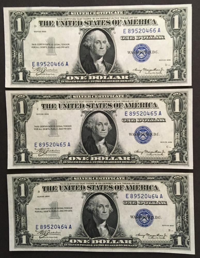 $1 Silver Certificate 1935 double date Three Consecutive Notes uncirculated