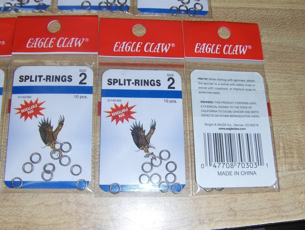 7 Packs Eagle Claw 01143 Split Rings Nickel Size 1, 2, or 3. 10 per Pack