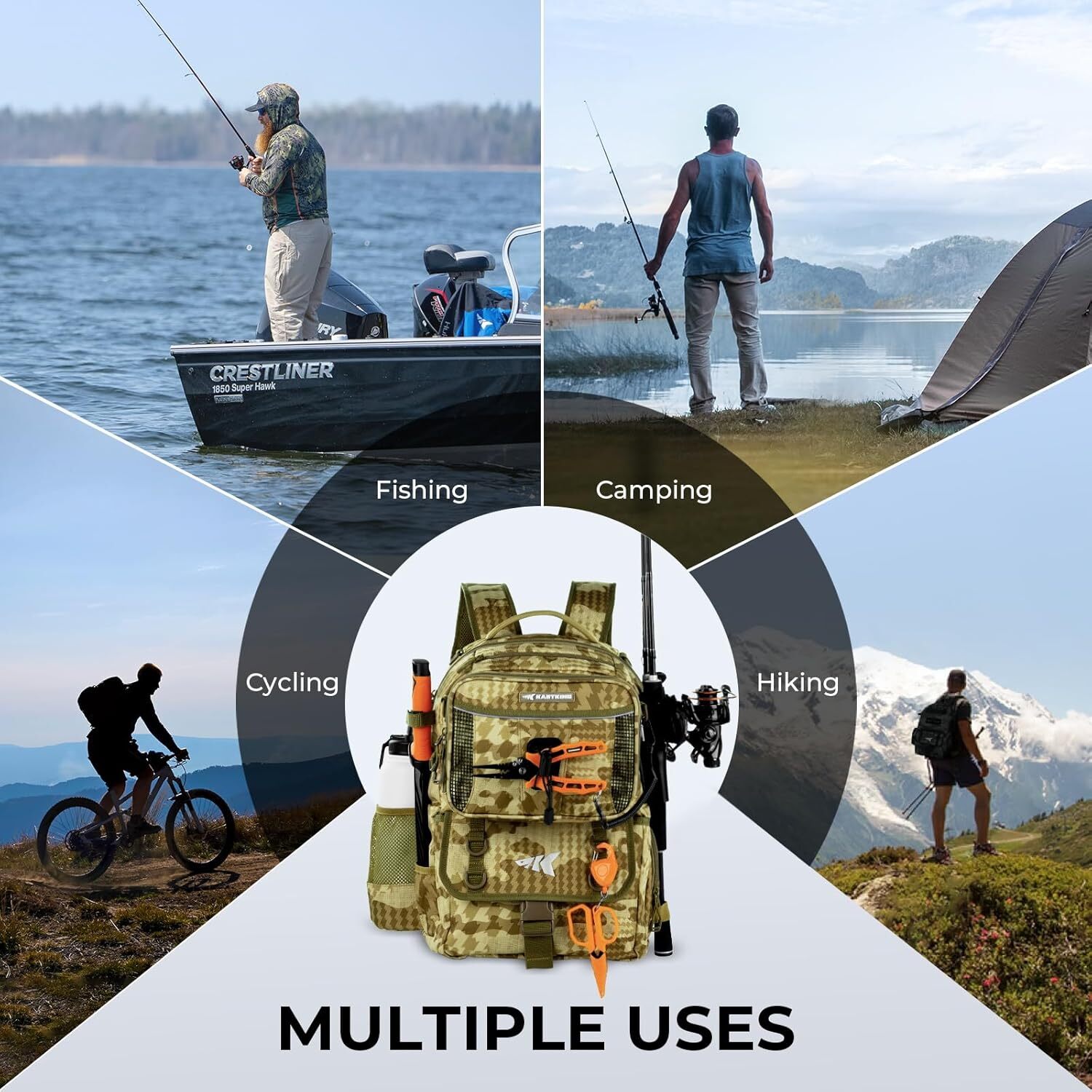 KastKing 50L Tackle Backpack Fishing Gear W/ 4 Boxes Bait Binder Rod Holders