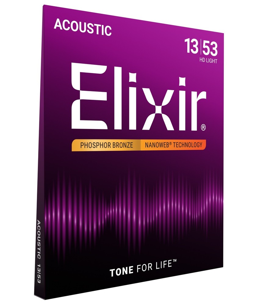Elixir 16182 Coated Phosphor Bronze Acoustic Guitar Strings; HD Light 13-53