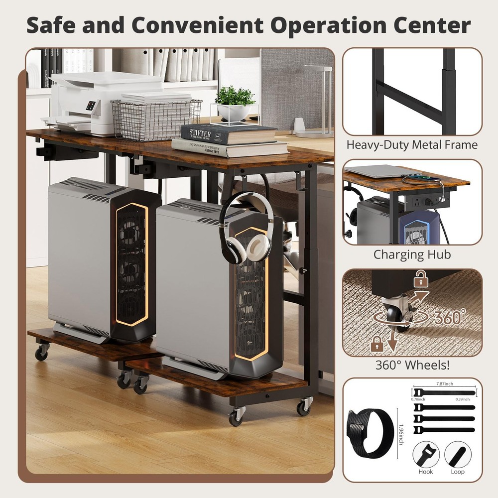 2-Tier Computer Tower Stand with Power Outlet, Height Adjustable PC Tower Sta...