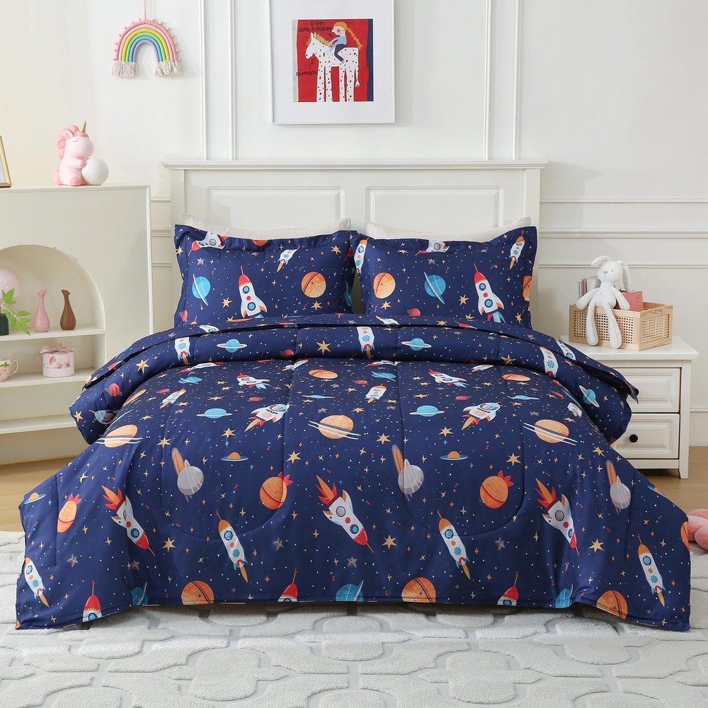 Boys Comforter Set Full Size Bedding Sets Space Rocket Comforter with 2 Pillo...