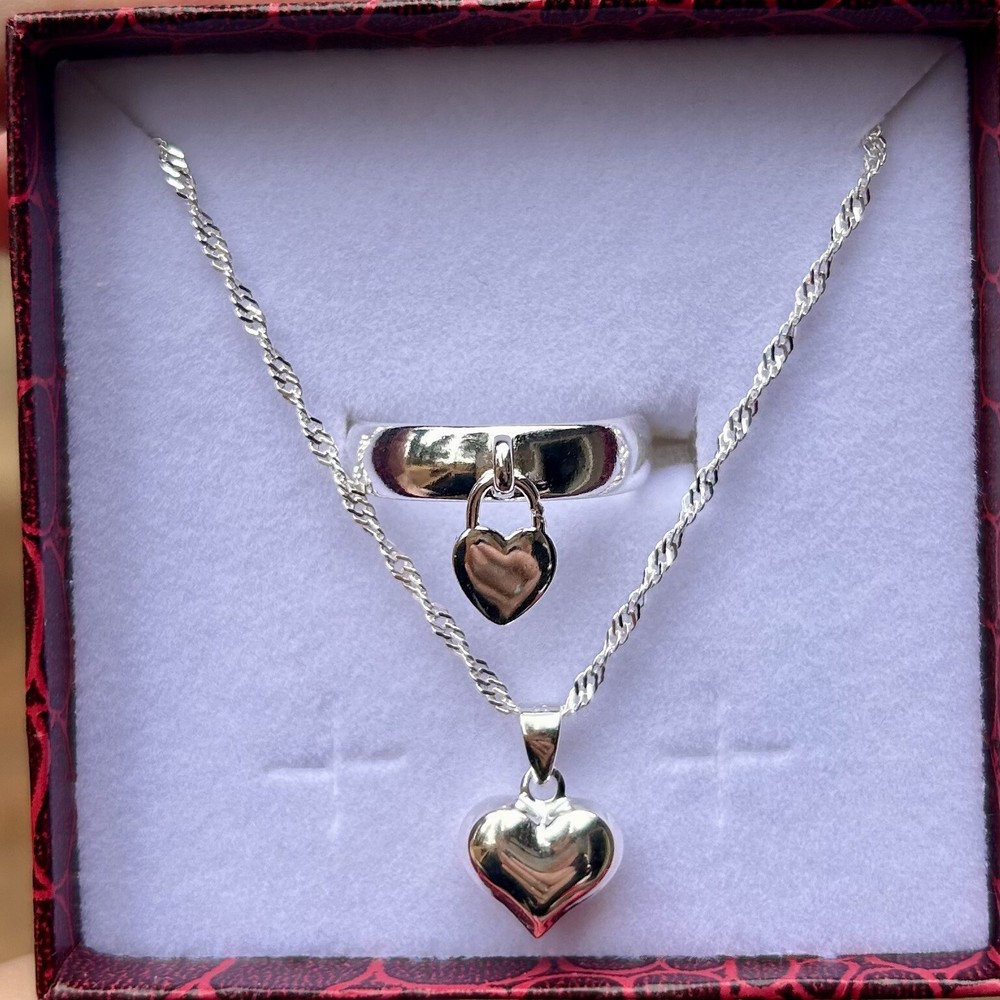 Dangle Heart Ring SIZE 6 & Matching Necklace 925 Solid Sterling Silver Gift Set