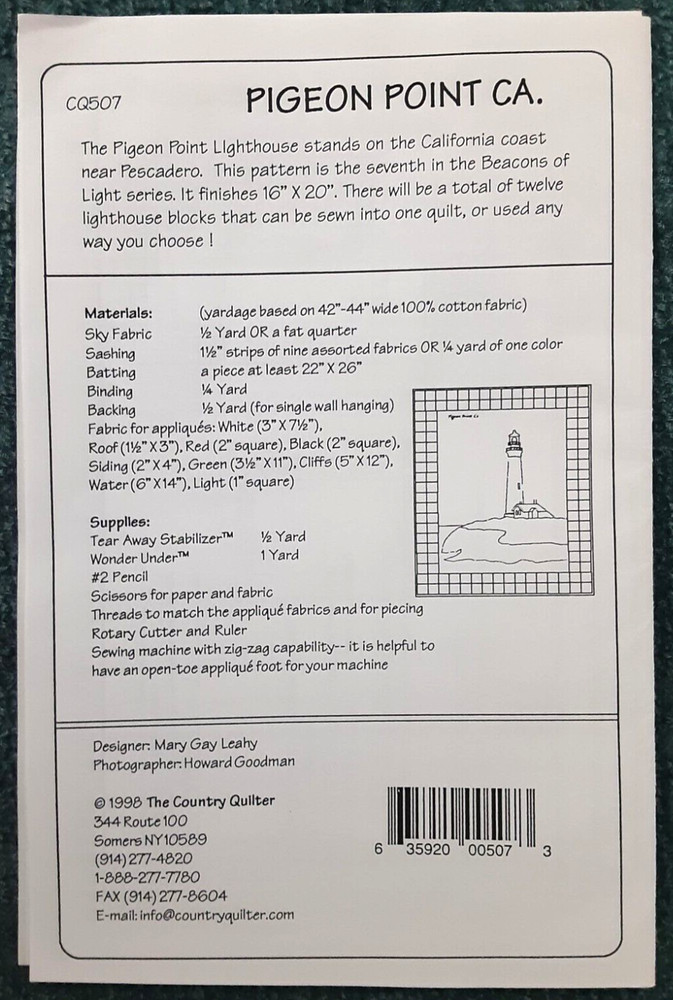 Pigeon Point Lighthouse Quilt Pattern Sewing Craft Project (H)