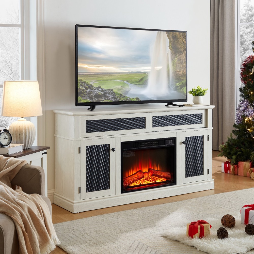 58" Embossed Pattern TV Stand w/23" Fireplace Insert Entertainment Center Heater