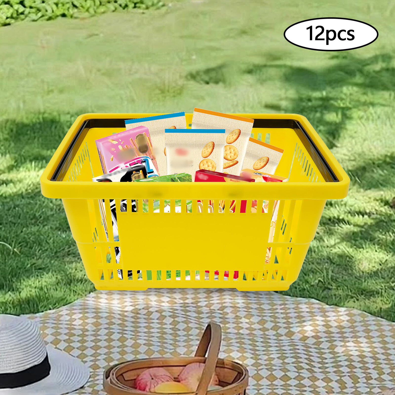 12 Packs 28L Plastic Shopping Baskets with Handles Yellow Store Retail Baskets