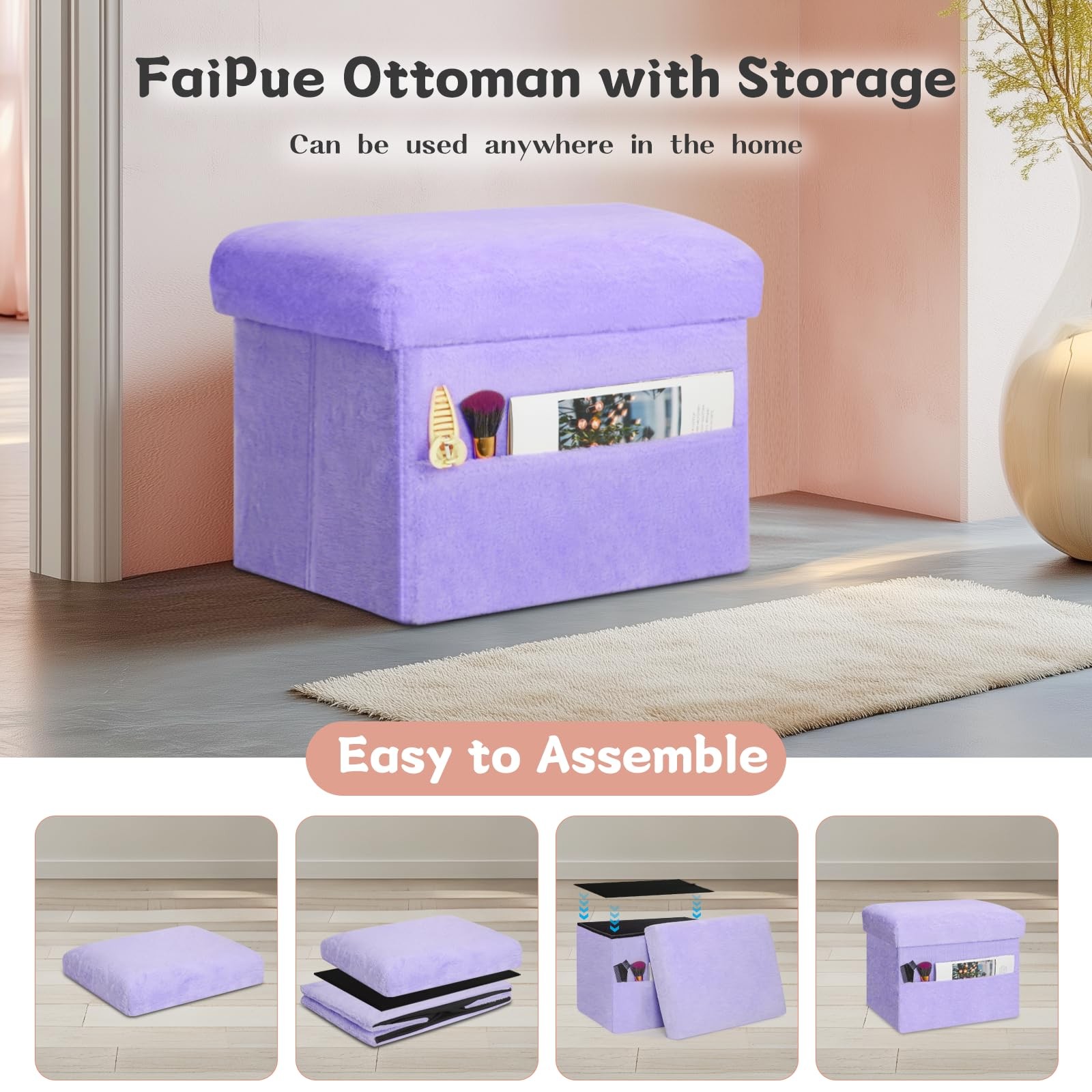 Small Ottoman with Storage, Folding Soft Fur Storage Foot Rest Stool with Thi...