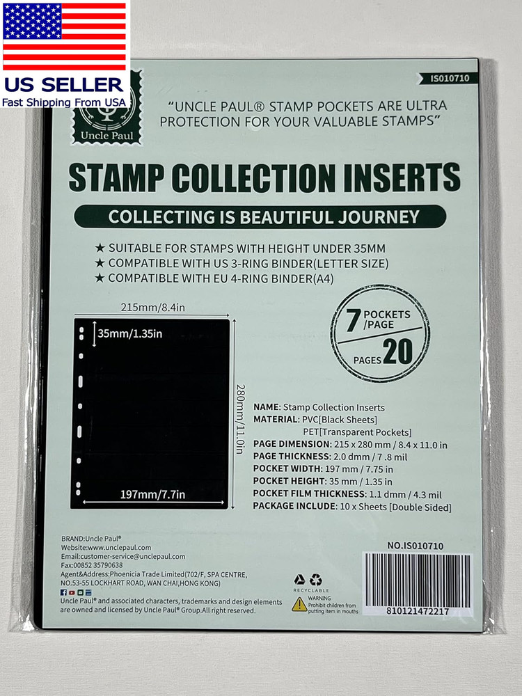 10 Sheets 20 Pages Postage Stamp Album Pages, 7 Pockets 7.7X 1.35In Stamp Collec