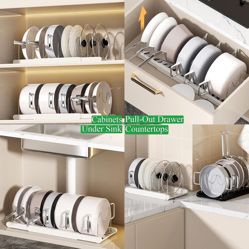 Pot Rack Pots & Pans Organizer Under Cabinet 7 Adjustable Compartment Expandable