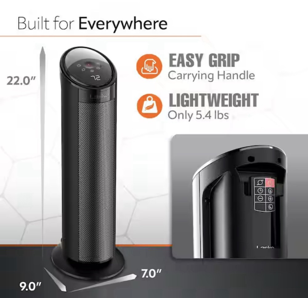 Lasko 1500W 22" Digital Ceramic Tower Space Heater with Child Lock & Remote