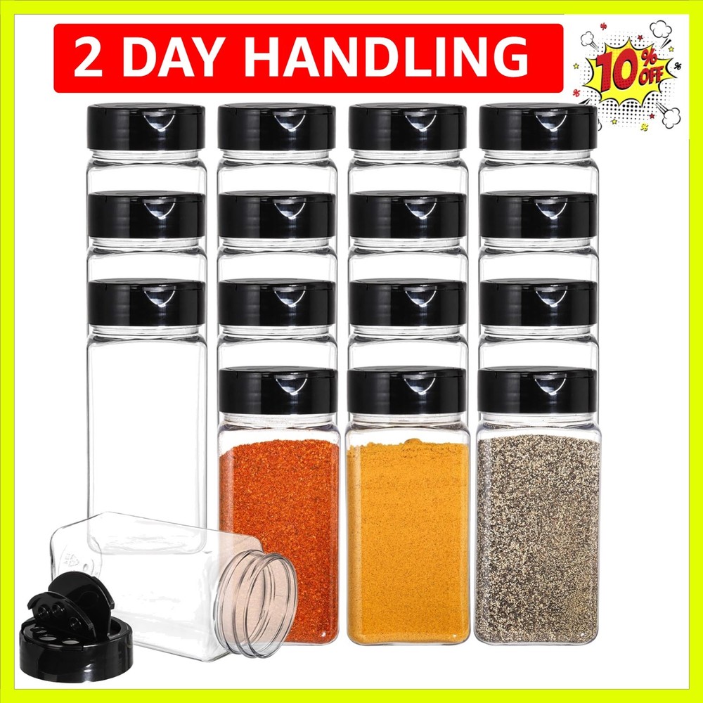 16 Pack 9 oz Plastic Spice Jars with Black Cap, Plastic Spice Bottles Empty S...