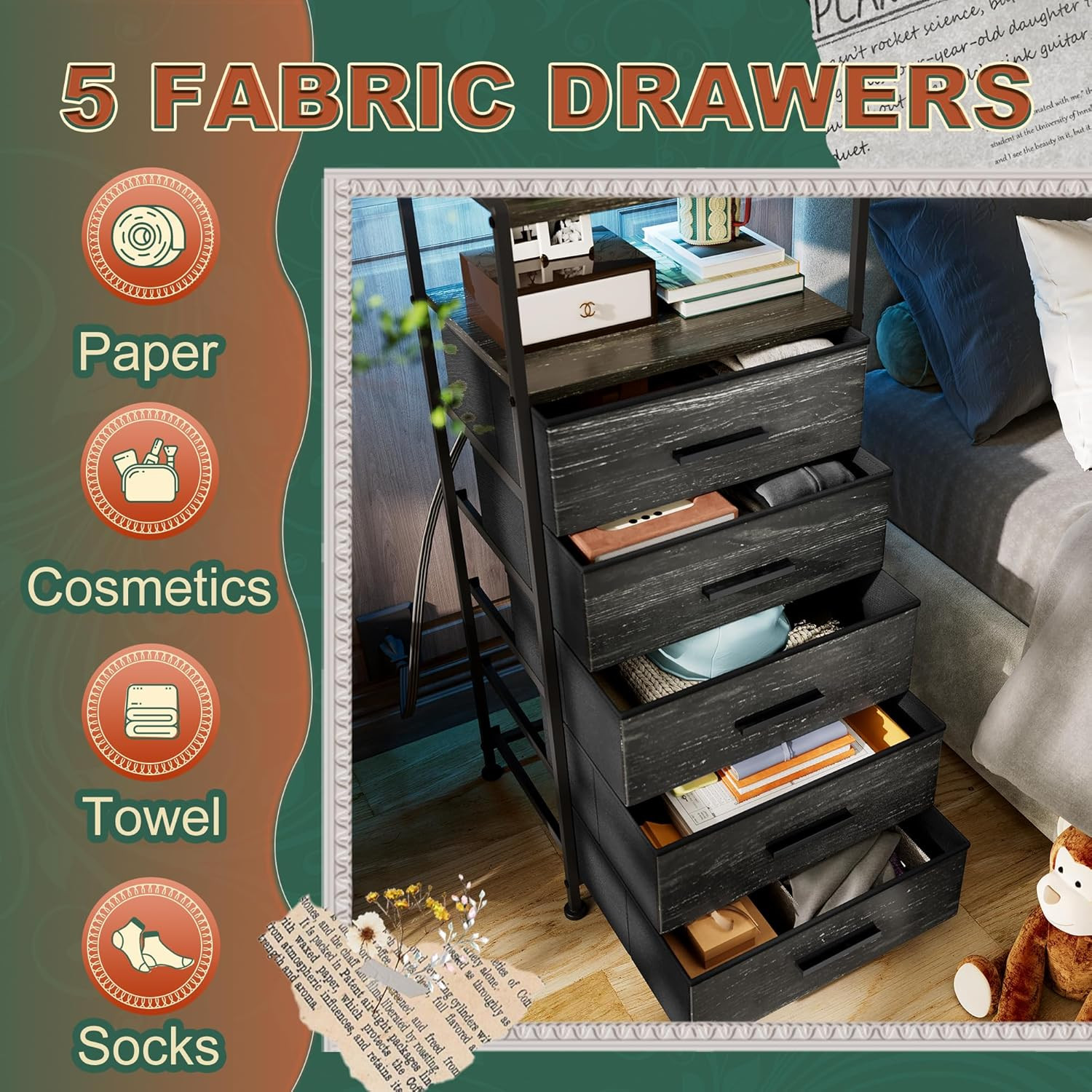 Nightstand 5 Drawer Dresser with LED Lights and Charging Station, Vertical Side