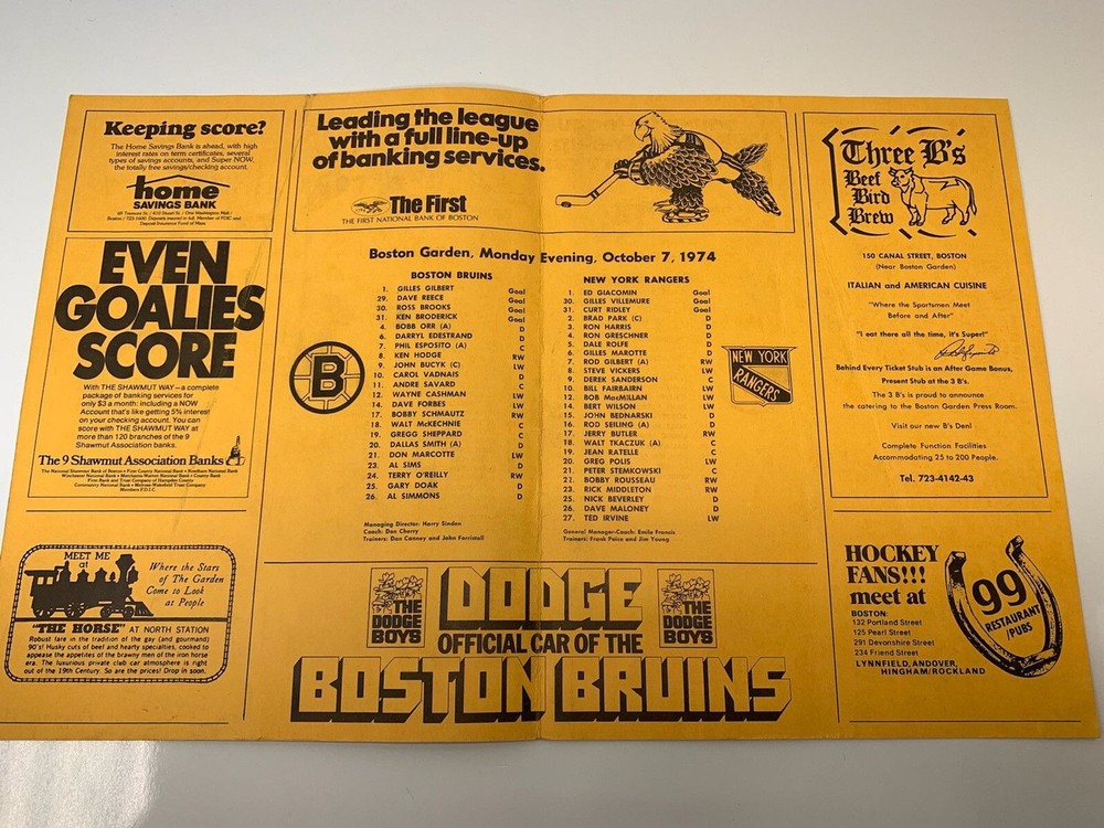 Bruins vs Rangers Oct 7 1974 Program