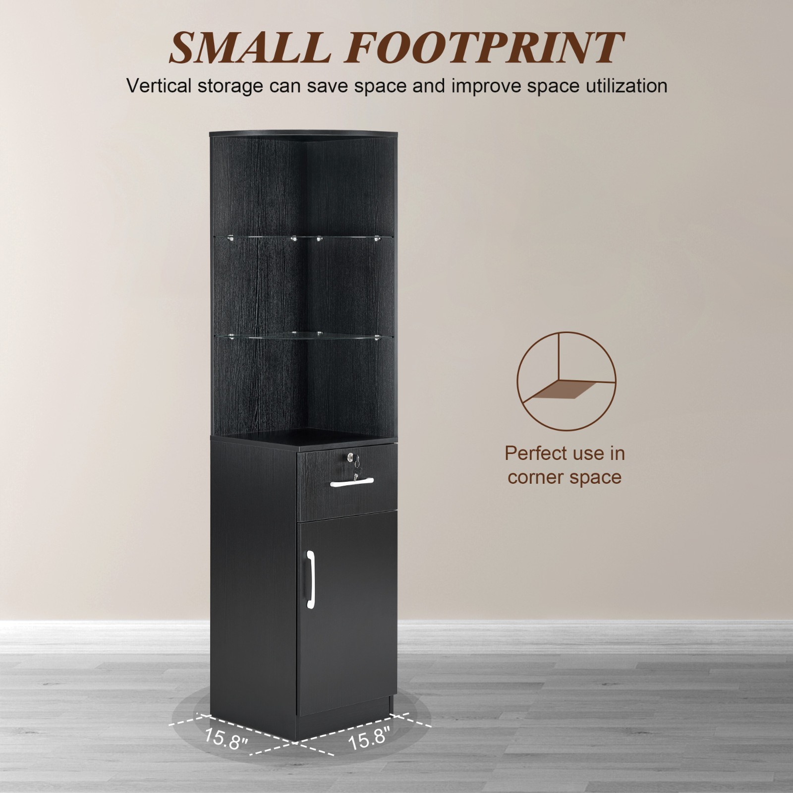 Corner Storage Cabinet with Door and Glass Shelves for Home Office Beauty Salon