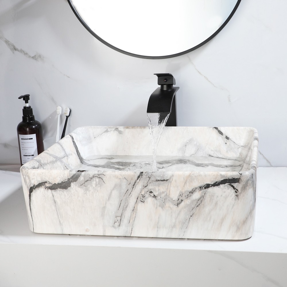 Bathroom Marble Vessel Sink White Black Rectangular Basin With Faucet Drain Set