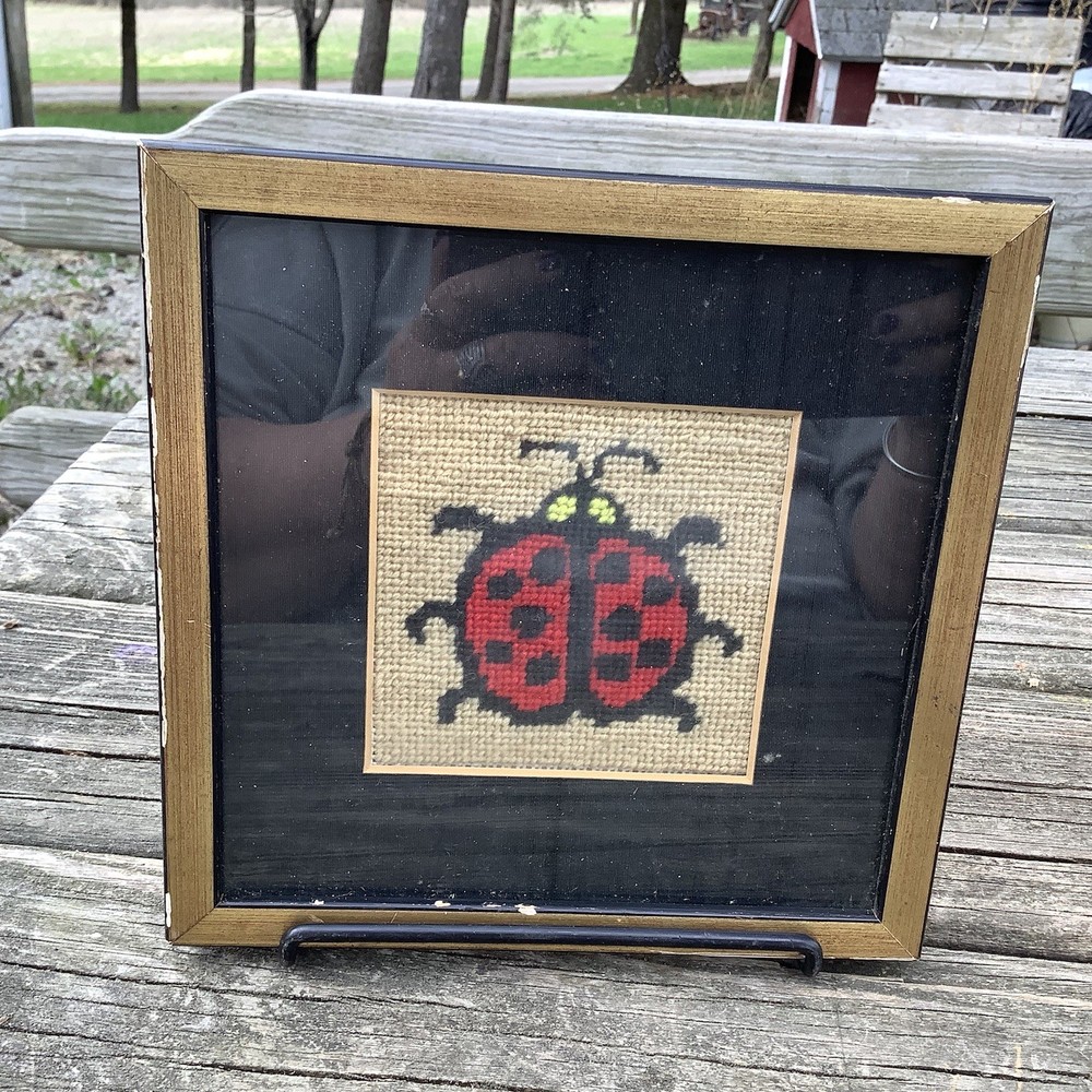 Vintage Framed Lady Bug Embroidered Print Needlepoint