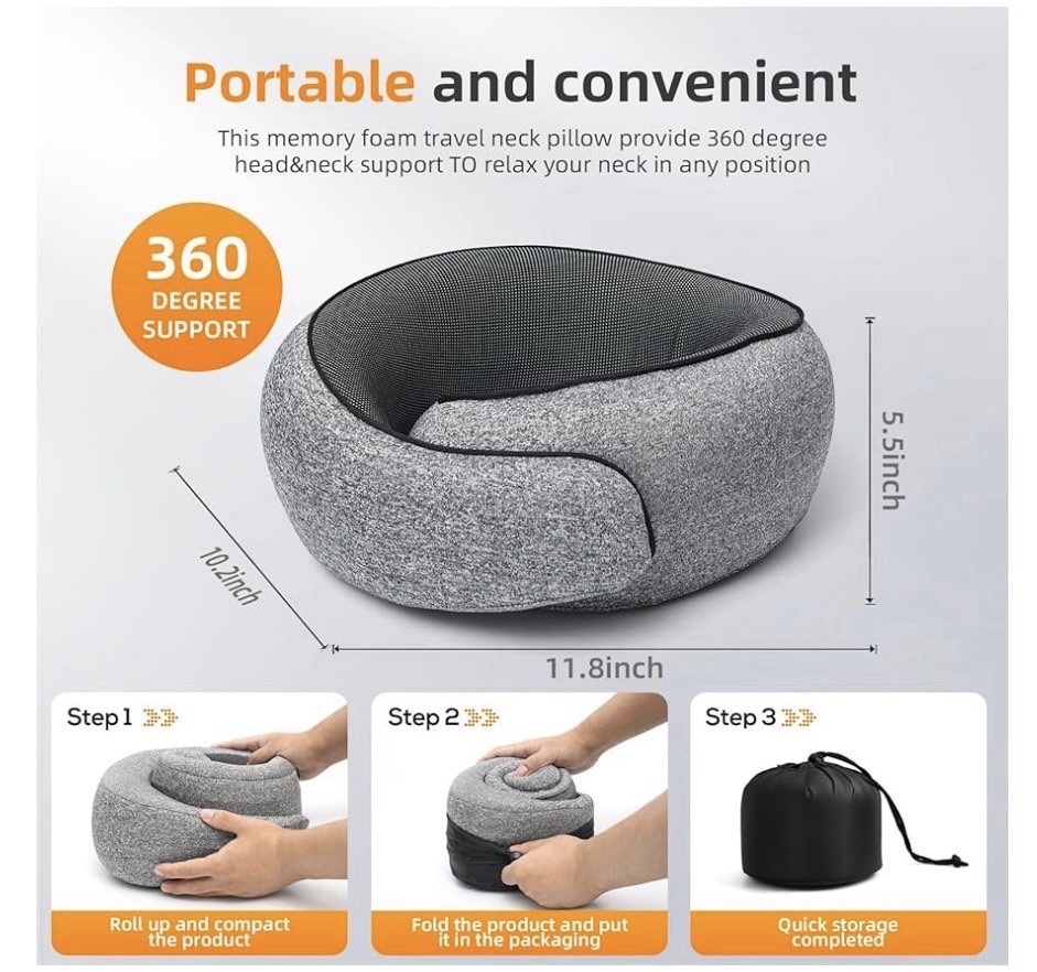 ThreeHome Neck Pillow Memory Foam Ergonomic Support Gray