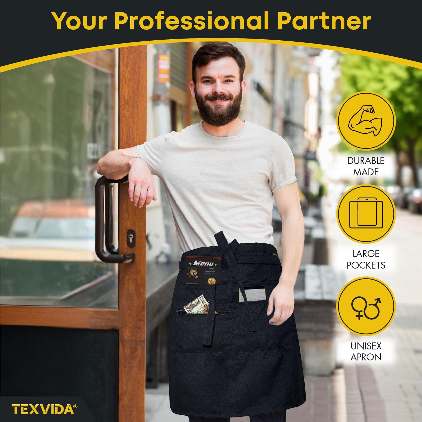 Unisex Bistro Server Apron with Zipper Pocket - Commercial Grade (Black, 24x2...