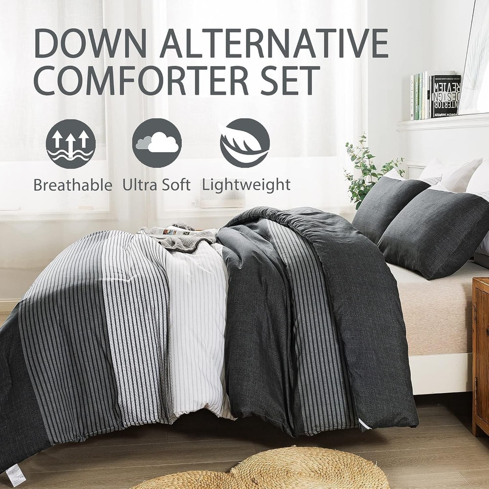 Full Size Comforter Set,3 Pieces Black White Gray Patchwork Striped