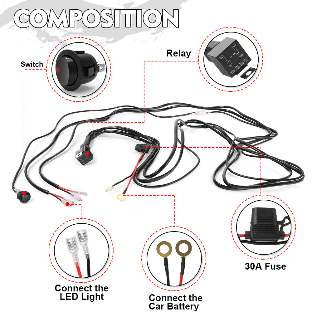 2 Lead Wiring Harness LED Light Bar 40Amp Relay Fuse ON-Off Switch For 2 Lights