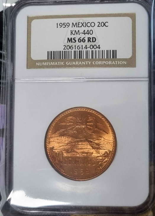 MEXICO 1959-Mo 20 Centavos, NGC MS66RD, Key Date!