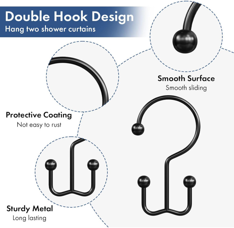 12 Ganchos Doble para Cortina Ducha Negro Mate Antióxido Metal, Nuevo