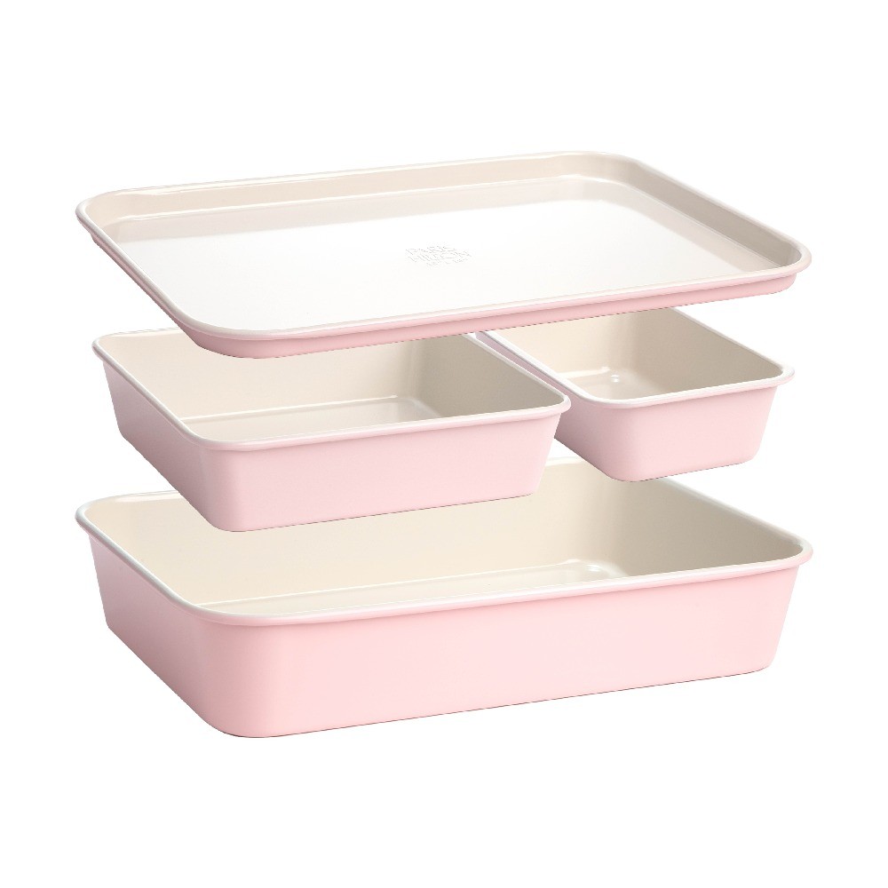 4-Piece Ceramic Nonstick Bakeware Set for Kitchen with Baking Sheet Pan, Pink