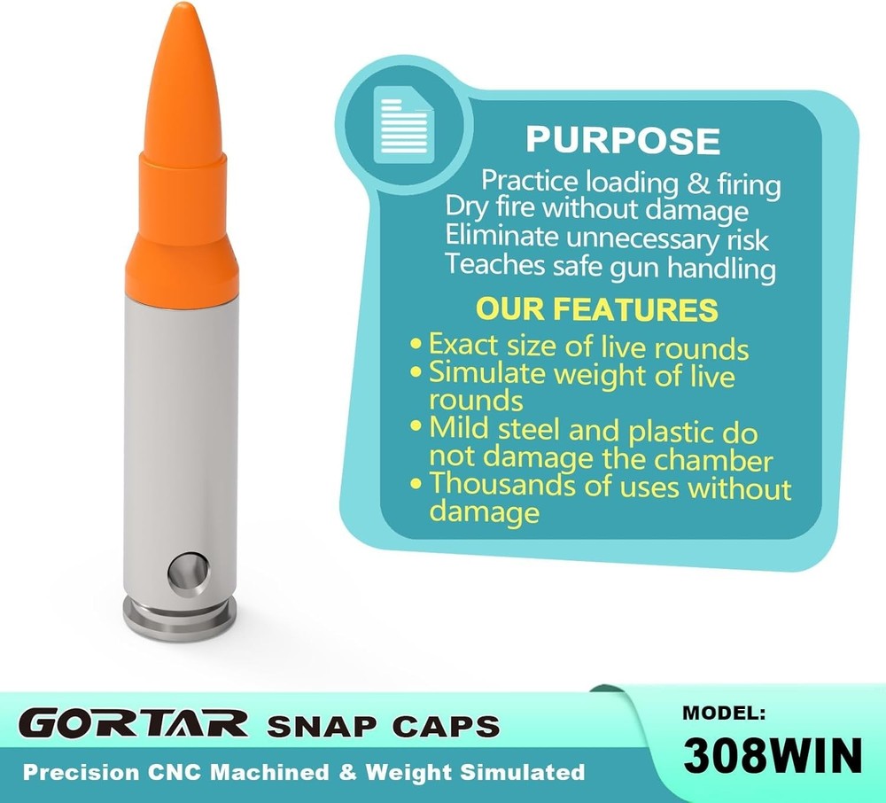 Inert Training Rounds with Rubber Pads - Safe Snap Caps for Drills, 6-Pack